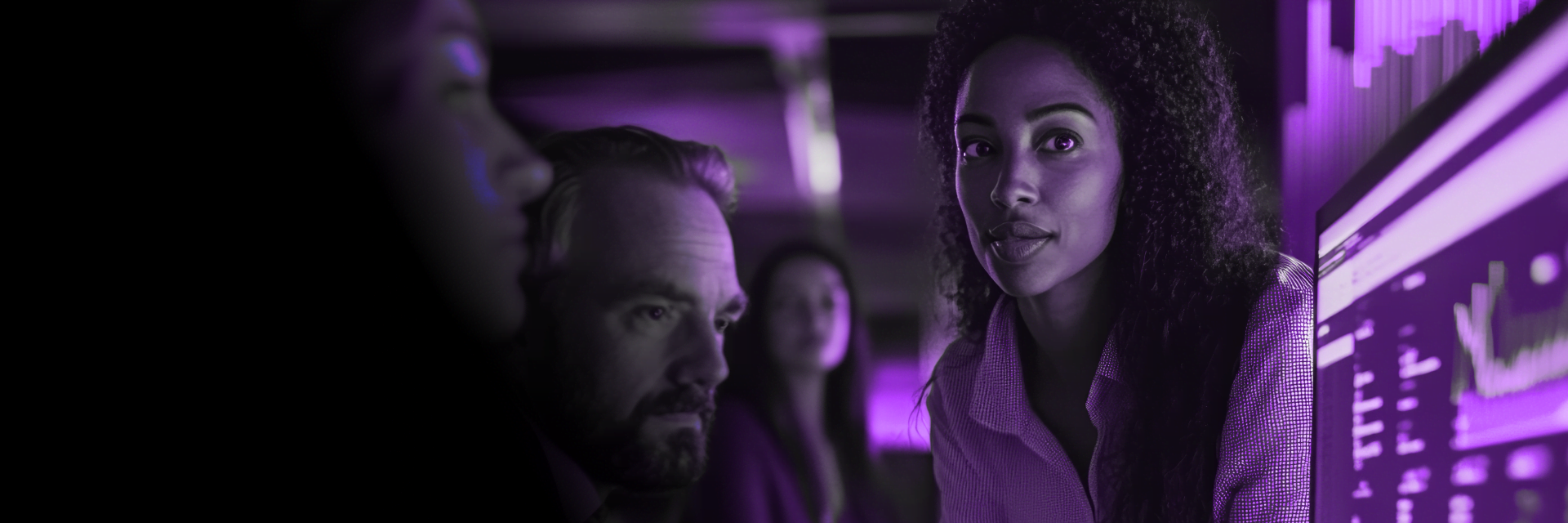 Equipe em ambiente corporativo analisando gráficos e indicadores exibidos em um monitor durante uma discussão técnica.