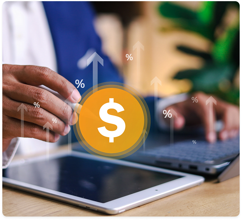 Representação de análise financeira com um profissional usando tablet e notebook, acompanhada de ícones de crescimento e símbolo de dólar.