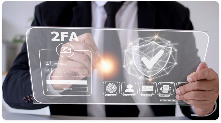 Interface futurista de autenticação 2FA sendo acionada por um profissional, com ícones de verificação, biometria e segurança digital.